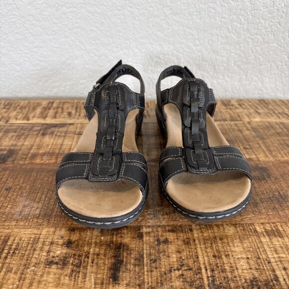 Clarks Laurieann Kay Sandals Women's 9M Black Leather Comfort T-Strap Strappy - Picture 4 of 12